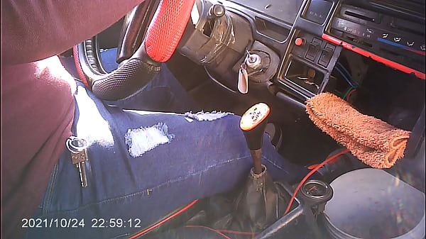 Horny driver rubbing his bulge with the steering wheel 