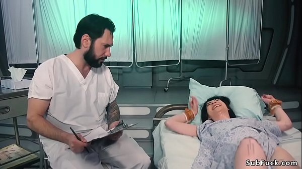 Possessed brunette hottie Charlotte Sartre cuffed in bed in abandoned hospital by her bf Tommy gets throat and pussy and ass fucked by group of ghosts 