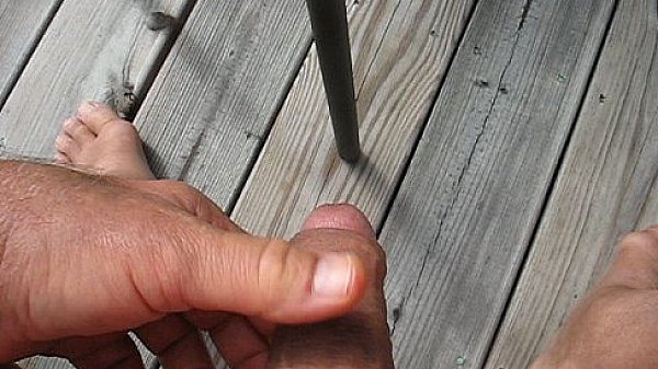 65 Year Old Shaved Grandpa Plays With His Cock Outside Until He Cums thumbnail