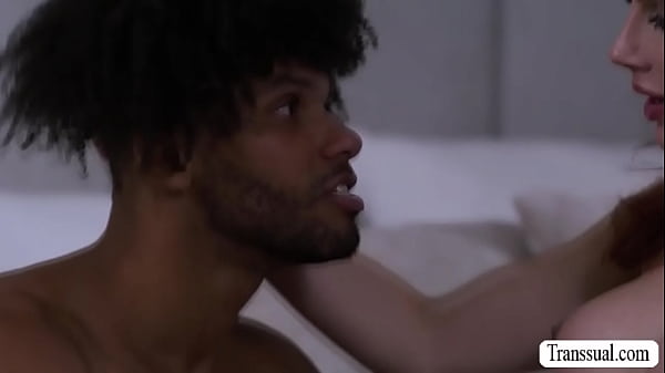 Trans stepmom lets her black stepson Tony Genius suck her hard shecock on the bed passionately 