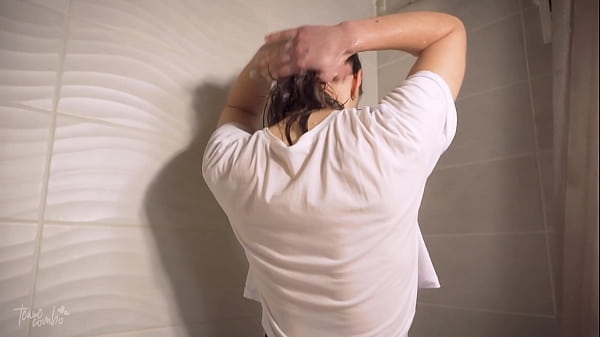 Sexy Girl Taking A Shower In Control Top Nylons And Wet T-Shirt 