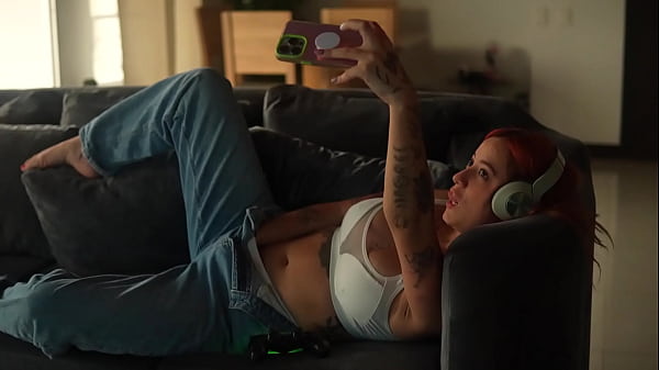 I find my roommie having virtual sex with her boyfriend and I manage to seduce her until we fuck