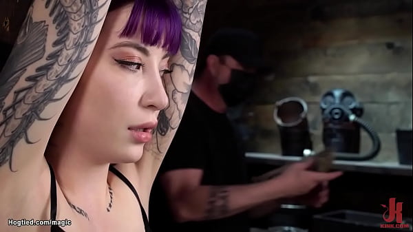 Tattooed purple haired slave Charlotte Sartre is tight tied and pussy rubbed then in upside down suspension spanked and flogged by master The Pope on hogtied 