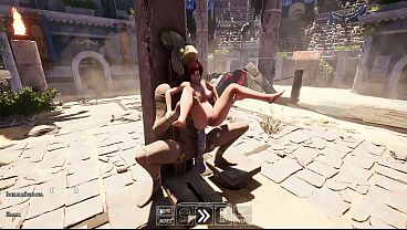A secret ancient statue is having a good time with Lara Croft in front of a crowd. 