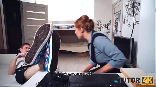 TUTOR4K. Stud lies down on the floor and tutor sucks cock before sex 