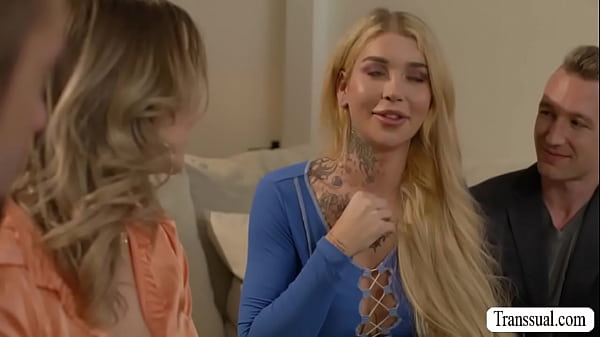 Busty blonde Tgirl Gracie Jane and her TS friend Emma Rose decide to swap their boyfriends for one night.Gracie starts kissing Emmas boyfriend on the couch and she then throats his dick passionately and lets him fuck her wet ass so hard. 