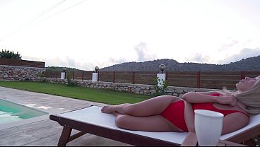 My stepmom blonde milf looking on us and playing with her pussy 