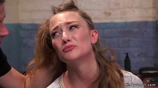 Hot long haired brunette slave is tied and locked in cage and zappered then master made his assistant to fuck her hard 