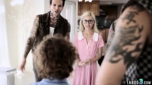 Tiny titted petite babe fucked a gang to protect her BF 