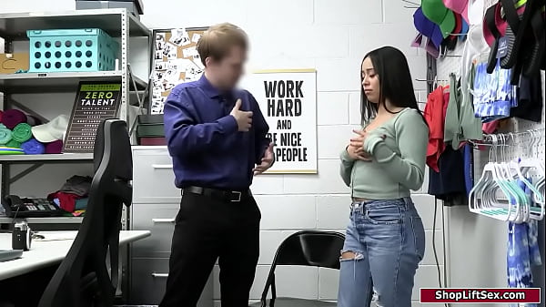 Latina is caught stealing and a rookie officer lets her go.An older officer notices that and makes him dominate her.She gives him a bj and is fucked 