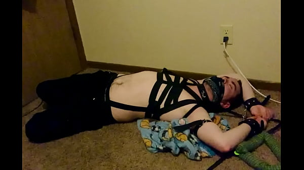 Amateur Solo, Trans Teen Half Naked in Bondage Enjoys Pet Play, No Masturbation Only Play 