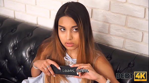 DEBT4k. Debt collector stretches tanned hottie on the leather sofa 