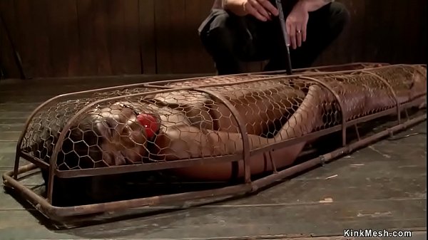 Hot ebony slut Ana Foxxx is bound in back arch position and gets zippered by master The Pope then in tight cage gagged and pussy vibrated 