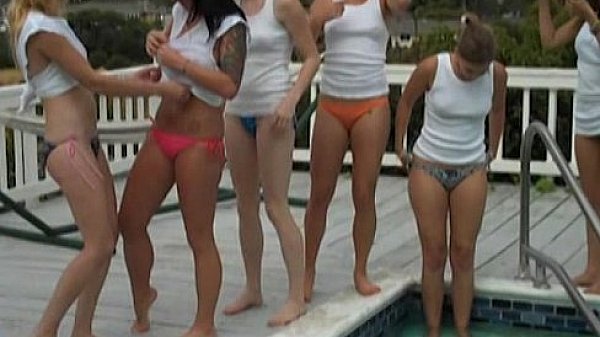 Lesbian wet tshirt pool party fun 