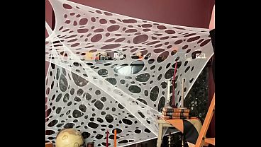 Thick Curvy Bea York Behind Halloween Decorating in Lingerie