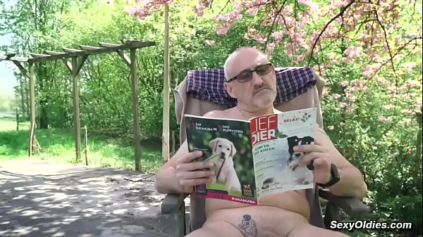 Teen neighbor teasing old man for outdoor sex in his backyard