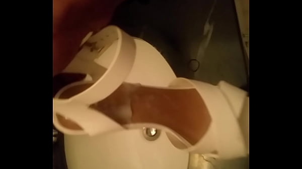 Cumshot on wife's flower high heel shoes