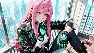 Ai-generated- Pink-haired Leather Tech! Private Vibes In A Neon-lit Cyber Corridor. thumbnail