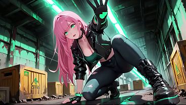 AI-generated- Pink-Haired Leather Tech! Private vibes in a neon-lit cyber corridor. video thumbnail