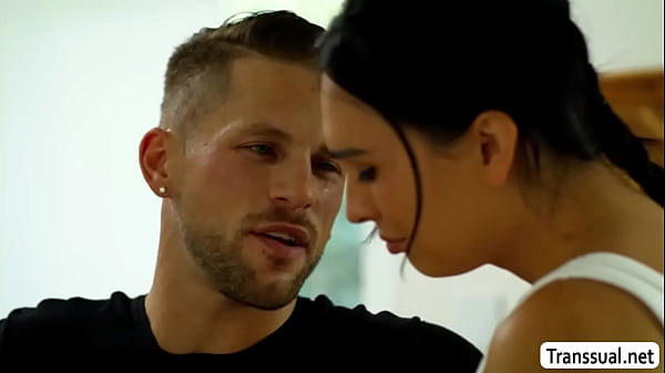 Horny shemale Ember Fiera waits for her husband to leave and she then seduces Roman Todd to have sex 