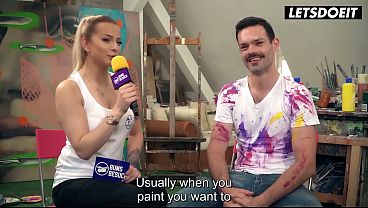 Slim Inked Blonde Flirts with Artist'_s Cock Between Paint Strokes... She'_s About to Get Fucked Hard